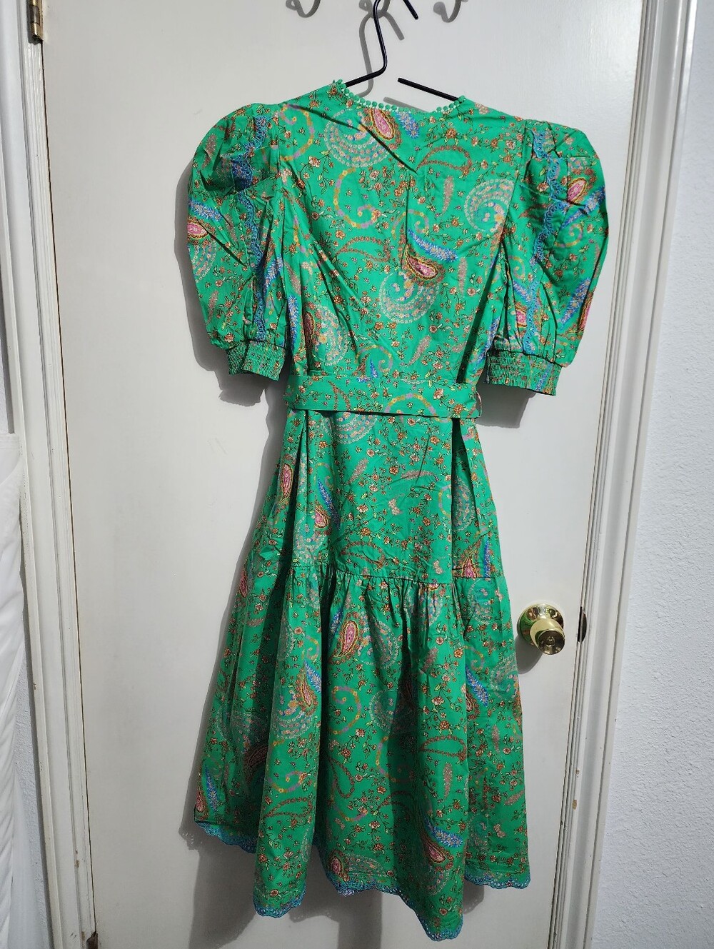 Hale Bob Elaina Poplin Midi Dress Emerald Paisley Puff Sleeve Belted NWT S - Picture 3 of 9